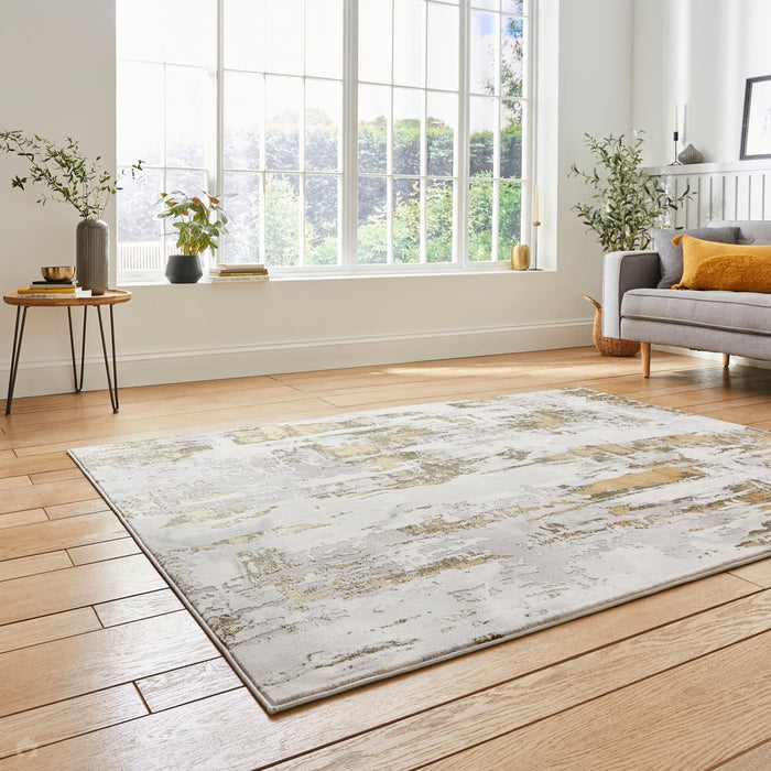 Apollo GR579 Modern Abstract Distressed Metallic Shimmer High-Density Textured Flat Pile Grey/Gold/Cream Rug