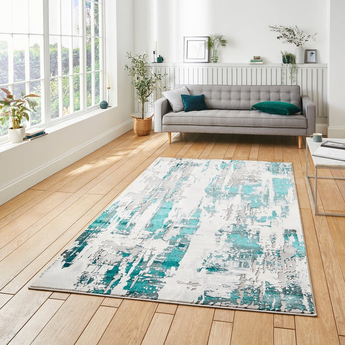 Apollo GR579 Modern Abstract Distressed Metallic Shimmer High-Density Textured Flat Pile Grey/Green/Cream Rug