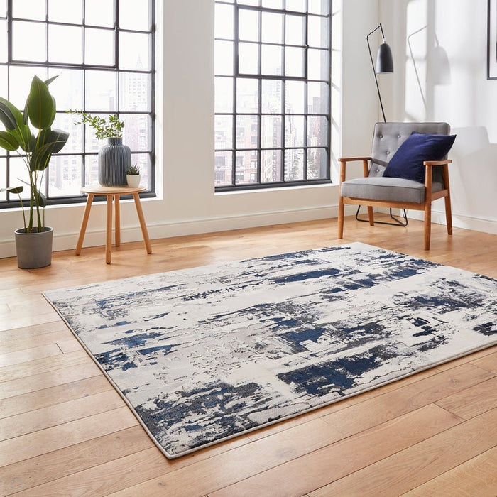 Apollo GR579 Modern Abstract Distressed Metallic Shimmer High-Density Textured Flat Pile Grey/Navy/Cream Rug