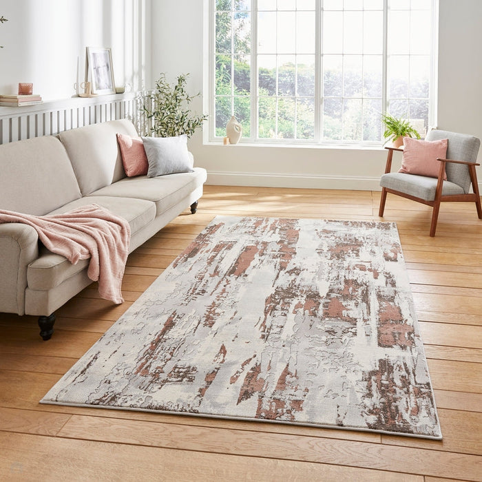 Apollo GR579 Modern Abstract Distressed Metallic Shimmer High-Density Textured Flat Pile Grey/Rose/Cream Rug