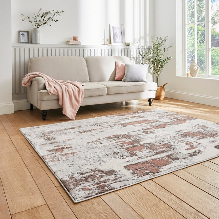 Apollo GR579 Modern Abstract Distressed Metallic Shimmer High-Density Textured Flat Pile Grey/Rose/Cream Rug