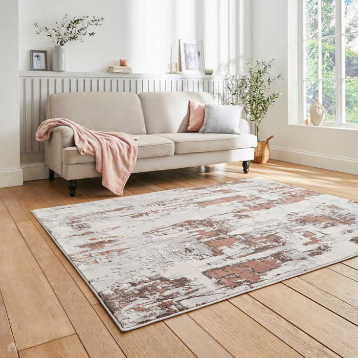 Apollo GR579 Modern Abstract Distressed Metallic Shimmer High-Density Textured Flat Pile Grey/Rose/Cream Rug