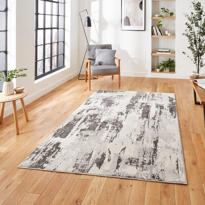 Apollo GR579 Modern Abstract Distressed Metallic Shimmer High-Density Textured Flat Pile Grey/Silver/Ivory Rug