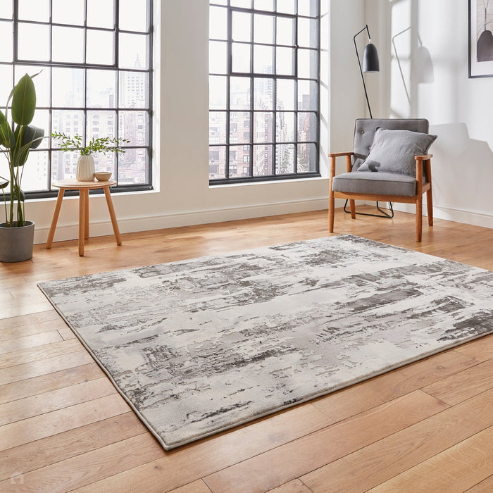 Apollo GR579 Modern Abstract Distressed Metallic Shimmer High-Density Textured Flat Pile Grey/Silver/Ivory Rug