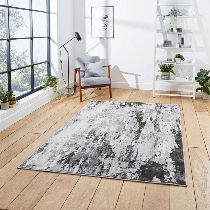 Apollo GR580 Modern Abstract Distressed Metallic Shimmer High-Density Textured Flat Pile Grey/Cream Rug