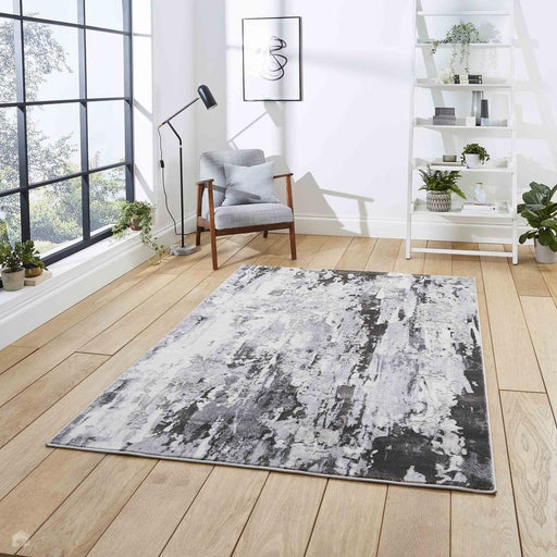 Apollo GR580 Modern Abstract Distressed Metallic Shimmer High-Density Textured Flat Pile Grey/Cream Rug