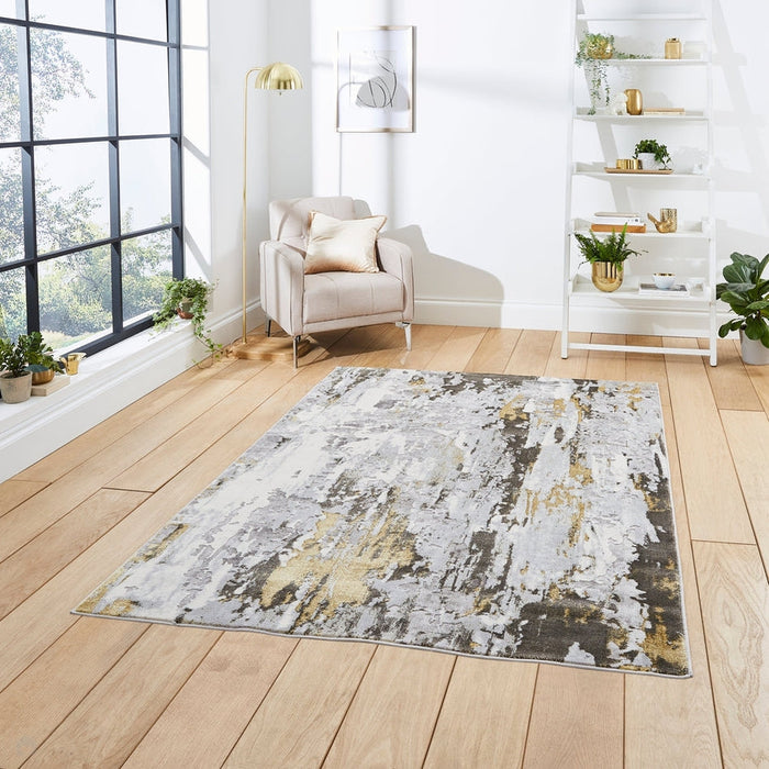 Apollo GR580 Modern Abstract Distressed Metallic Shimmer High-Density Textured Flat Pile Grey/Gold/Cream Rug