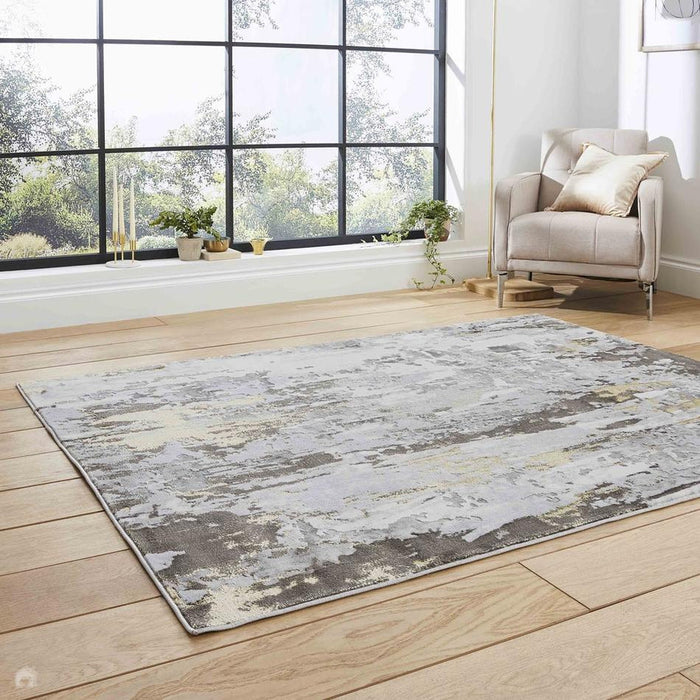 Apollo GR580 Modern Abstract Distressed Metallic Shimmer High-Density Textured Flat Pile Grey/Gold/Cream Rug