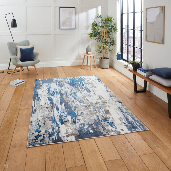 Apollo GR580 Modern Abstract Distressed Metallic Shimmer High-Density Textured Flat Pile Grey/Navy/Cream Rug