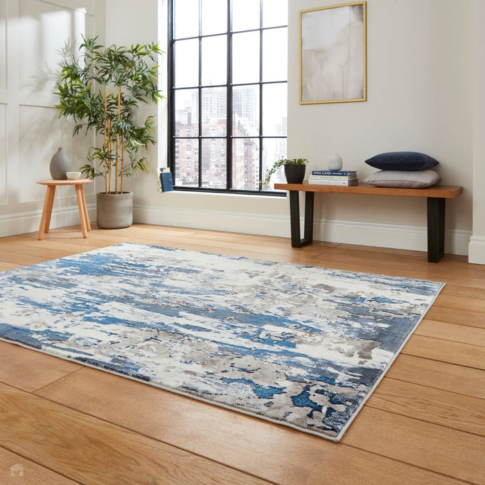 Apollo GR580 Modern Abstract Distressed Metallic Shimmer High-Density Textured Flat Pile Grey/Navy/Cream Rug