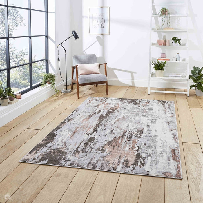 Apollo GR580 Modern Abstract Distressed Metallic Shimmer High-Density Textured Flat Pile Grey/Rose/Cream Rug