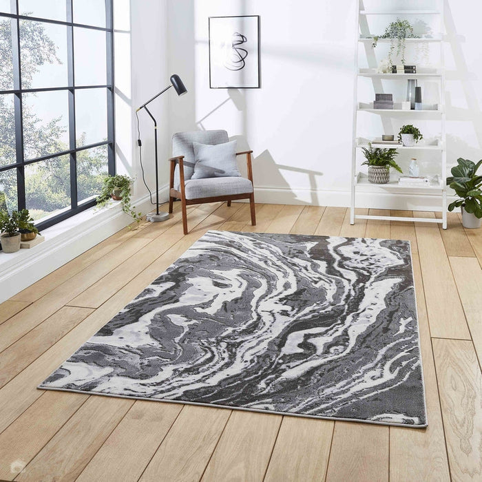 Apollo GR584 Modern Abstract Distressed Marble Metallic Shimmer High-Density Textured Flat Pile Grey/Cream Rug