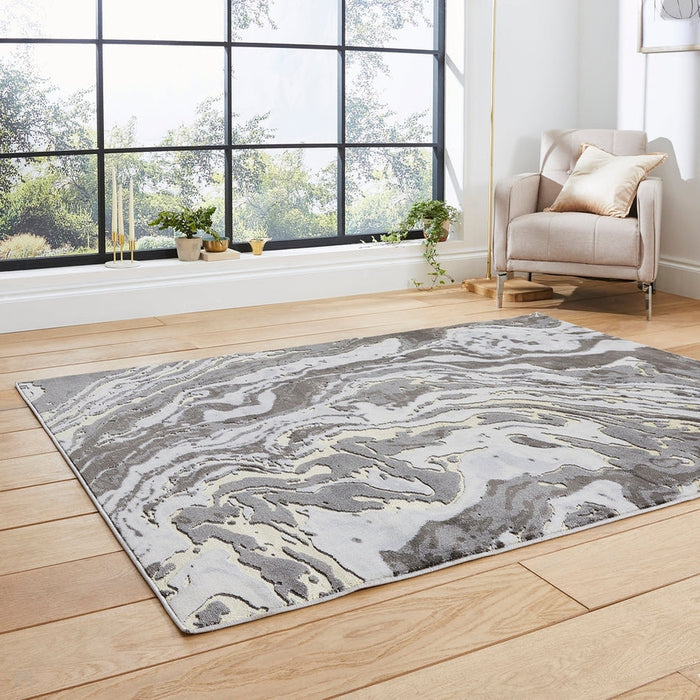 Apollo GR584 Modern Abstract Distressed Marble Metallic Shimmer High-Density Textured Flat Pile Grey/Gold/Cream Rug