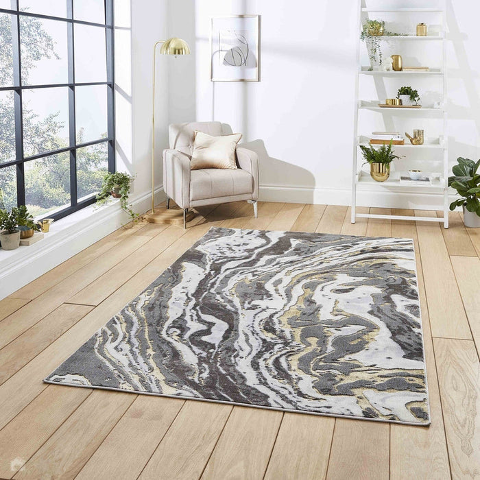 Apollo GR584 Modern Abstract Distressed Marble Metallic Shimmer High-Density Textured Flat Pile Grey/Gold/Cream Rug