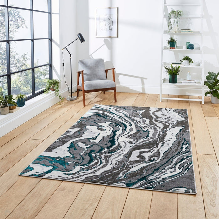 Apollo GR584 Modern Abstract Distressed Marble Metallic Shimmer High-Density Textured Flat Pile Grey/Green/Cream Rug