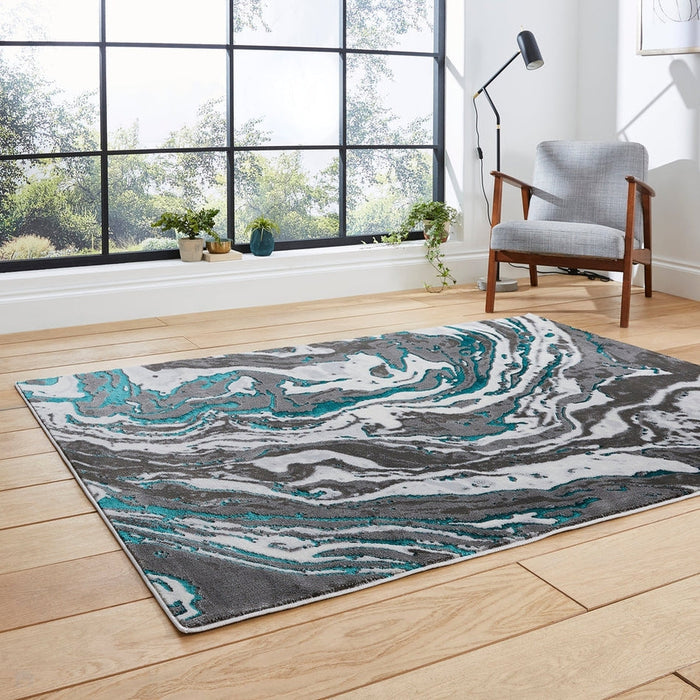 Apollo GR584 Modern Abstract Distressed Marble Metallic Shimmer High-Density Textured Flat Pile Grey/Green/Cream Rug