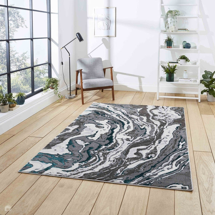 Apollo GR584 Modern Abstract Distressed Marble Metallic Shimmer High-Density Textured Flat Pile Grey/Green/Cream Rug