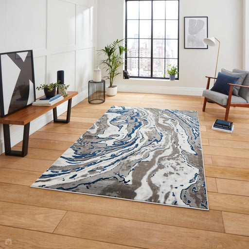 Apollo GR584 Modern Abstract Distressed Marble Metallic Shimmer High-Density Textured Flat Pile Grey/Navy/Cream Rug