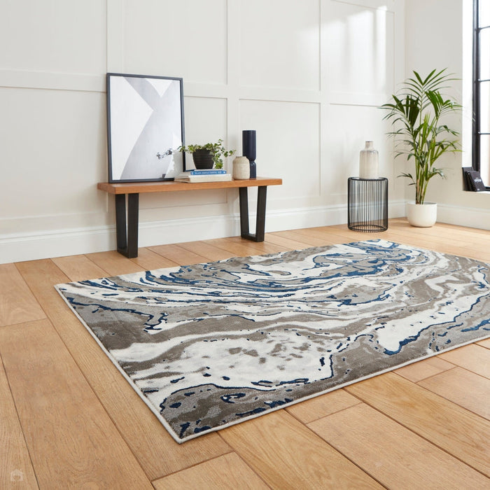 Apollo GR584 Modern Abstract Distressed Marble Metallic Shimmer High-Density Textured Flat Pile Grey/Navy/Cream Rug