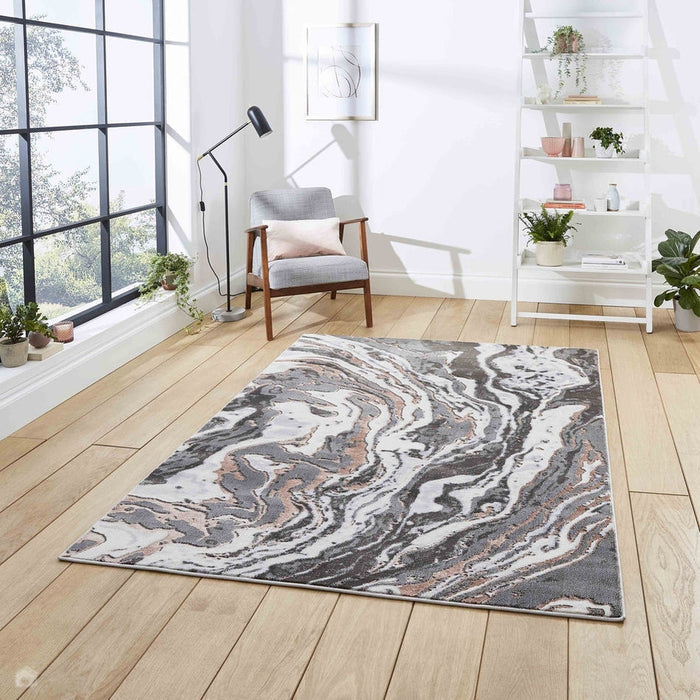 Apollo GR584 Modern Abstract Distressed Marble Metallic Shimmer High-Density Textured Flat Pile Grey/Rose/Cream Rug