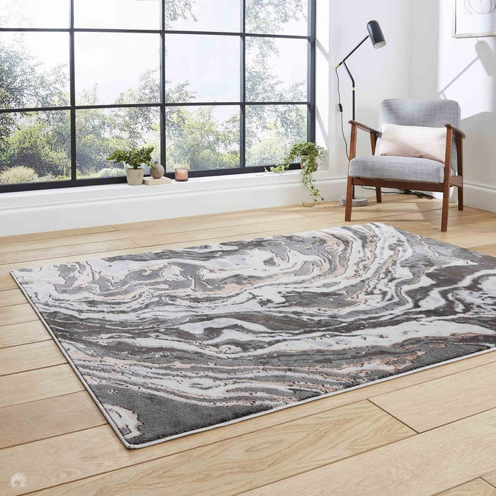 Apollo GR584 Modern Abstract Distressed Marble Metallic Shimmer High-Density Textured Flat Pile Grey/Rose/Cream Rug