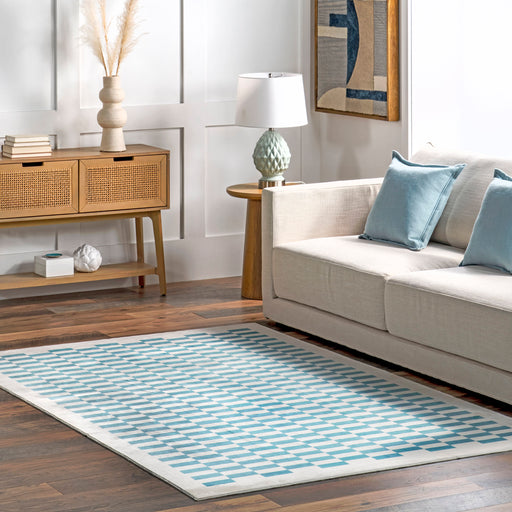 Aqua Checkered Machine Washable Area Rug