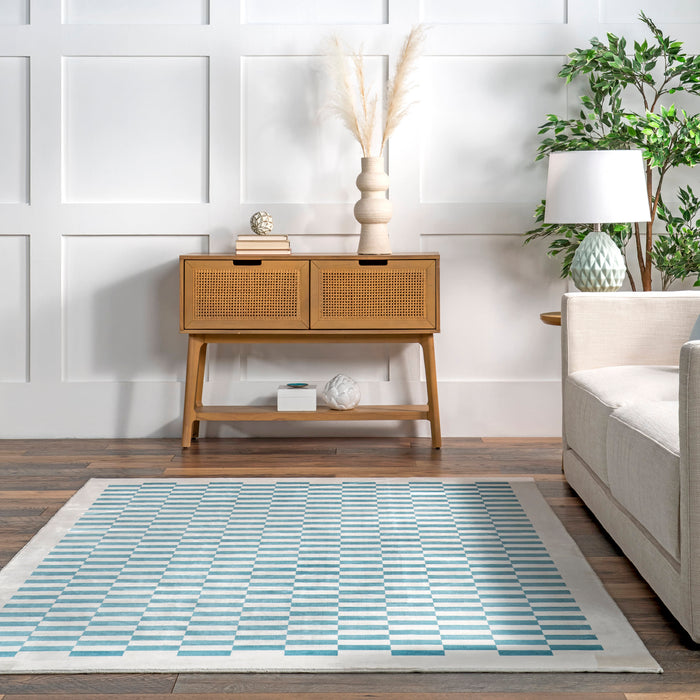 Aqua Checkered Machine Washable Area Rug