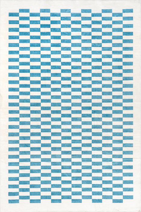 Aqua Checkered Machine Washable Area Rug