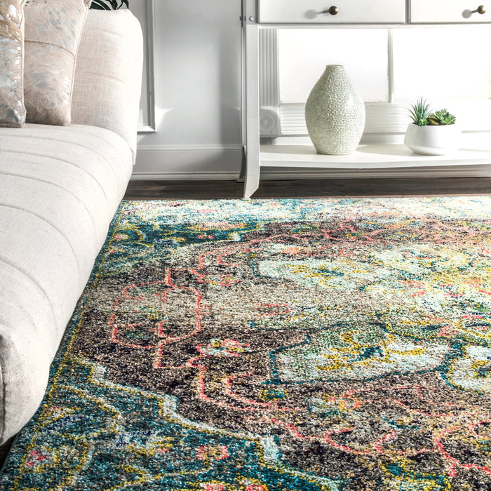 Aqua Floral Medallion Area Rug 120 cm x 180 cm