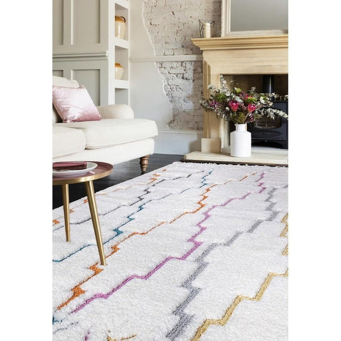 Ariana AR01 Trellis Modern Moroccan Berber Textured Hi-Low Soft Plush Boho Shaggy Cream/Multicolour Rug