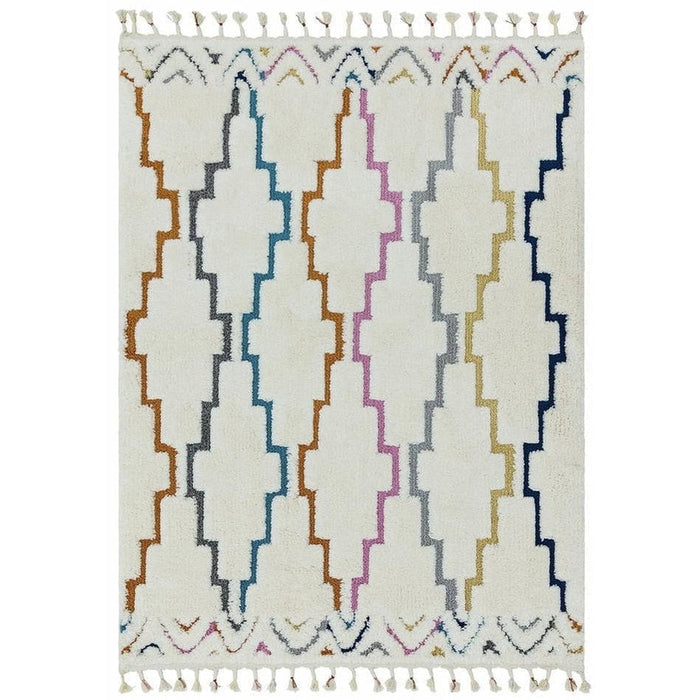 Ariana AR01 Trellis Modern Moroccan Berber Textured Hi-Low Soft Plush Boho Shaggy Cream/Multicolour Rug