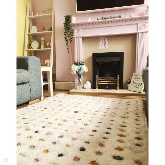 Ariana AR02 Dotty Modern Moroccan Berber Textured Hi-Low Soft Plush Boho Shaggy Cream/Multicolour Rug