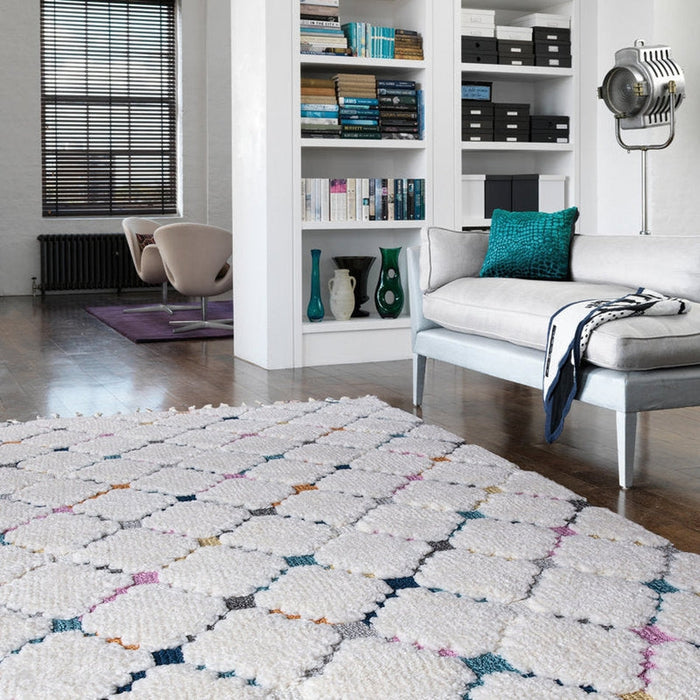 Ariana AR08 Criss Cross Modern Moroccan Berber Textured Hi-Low Soft Plush Boho Shaggy Cream/Multicolour Rug