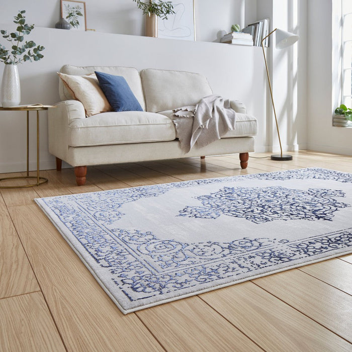 Artemis B9076A Traditional Medallion Border Distressed Metallic Shimmer Textured High-Density Soft-Touch Blue/Silver/Cream Rug