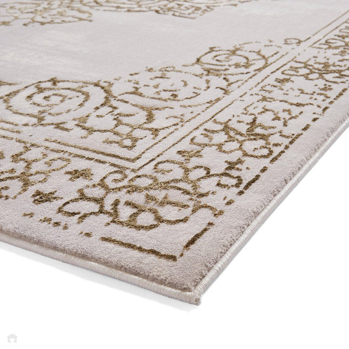 Artemis B9076A Traditional Medallion Border Distressed Metallic Shimmer Textured High-Density Soft-Touch Gold/Silver/Cream Rug