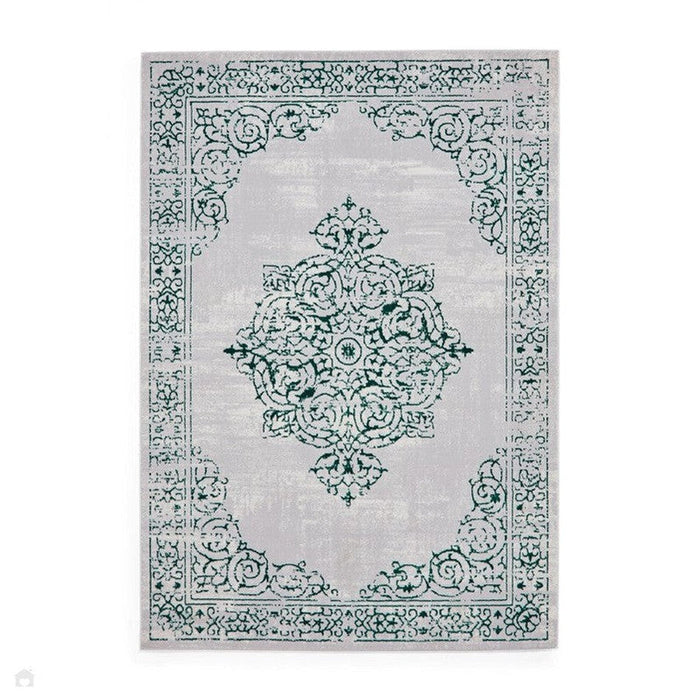 Artemis B9076A Traditional Medallion Border Distressed Metallic Shimmer Textured High-Density Soft-Touch Green/Silver/Cream Rug