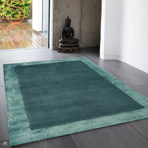 Ascot Modern Plain Hand-Woven Wool Centred Loop Pile Metallic Shimmer Wide Edged Viscose Border Aqua Blue Rug