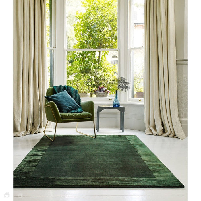 Ascot Modern Plain Hand-Woven Wool Centred Loop Pile Metallic Shimmer Wide Viscose Border Green Rug