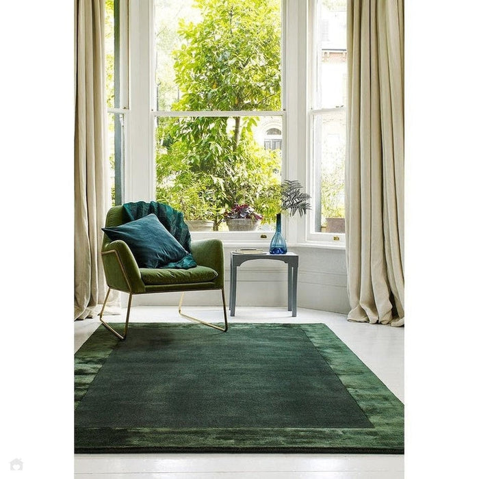 Ascot Modern Plain Hand-Woven Wool Centred Loop Pile Metallic Shimmer Wide Viscose Border Green Rug