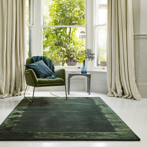 Ascot Modern Plain Hand-Woven Wool Centred Loop Pile Metallic Shimmer Wide Viscose Border Green Rug