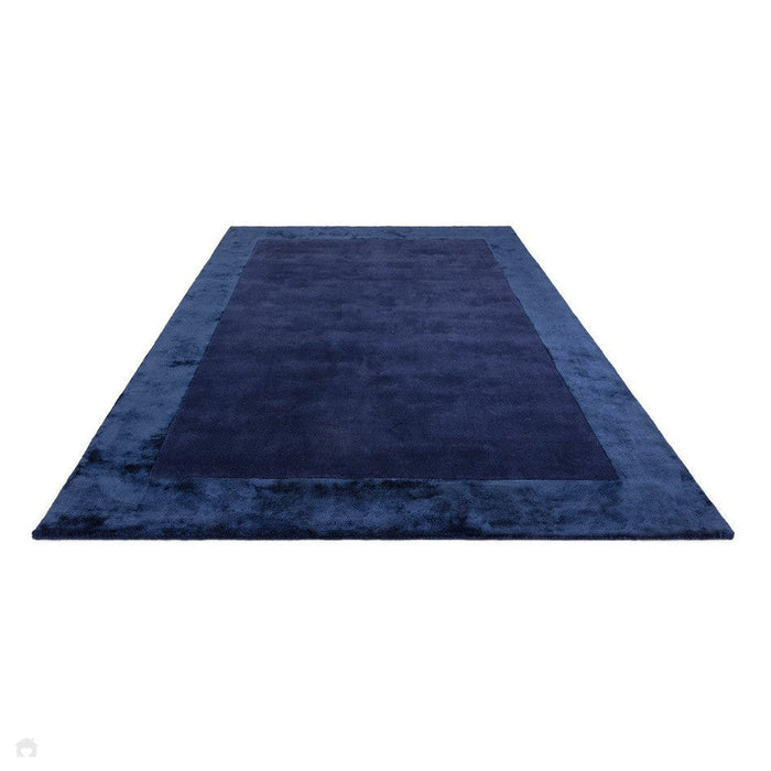 Ascot Modern Plain Hand-Woven Wool Centred Loop Pile Metallic Shimmer Wide Viscose Border Navy Blue Rug