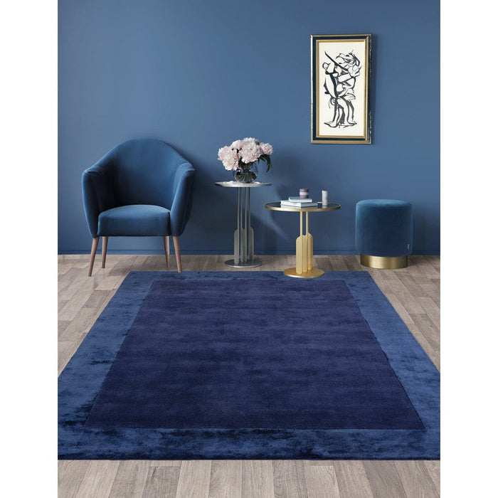 Ascot Modern Plain Hand-Woven Wool Centred Loop Pile Metallic Shimmer Wide Viscose Border Navy Blue Rug