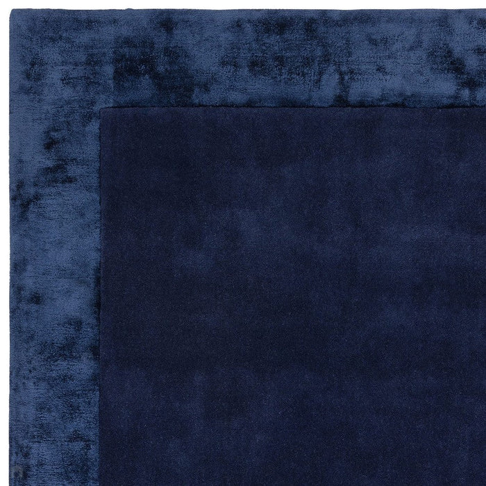 Ascot Modern Plain Hand-Woven Wool Centred Loop Pile Metallic Shimmer Wide Viscose Border Navy Blue Rug