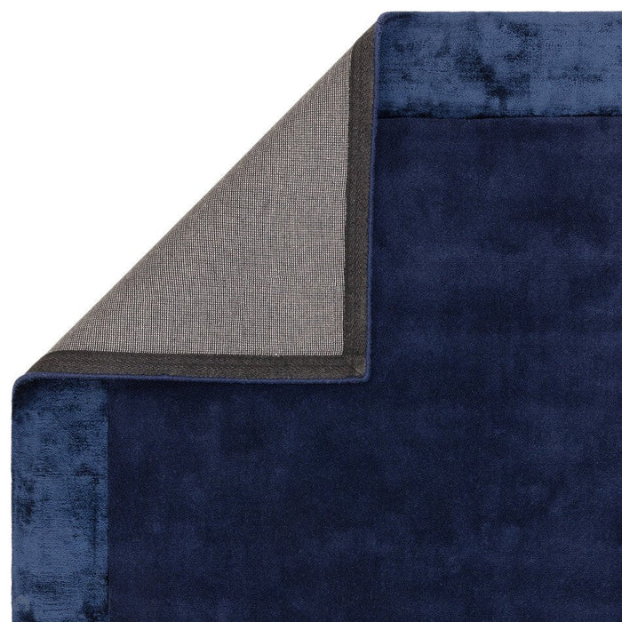 Ascot Modern Plain Hand-Woven Wool Centred Loop Pile Metallic Shimmer Wide Viscose Border Navy Blue Rug