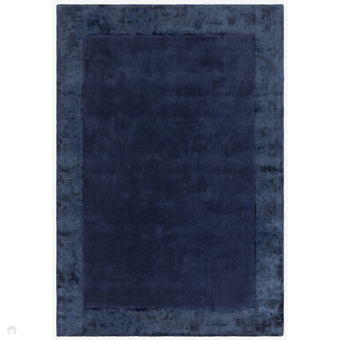 Ascot Modern Plain Hand-Woven Wool Centred Loop Pile Metallic Shimmer Wide Viscose Border Navy Blue Rug