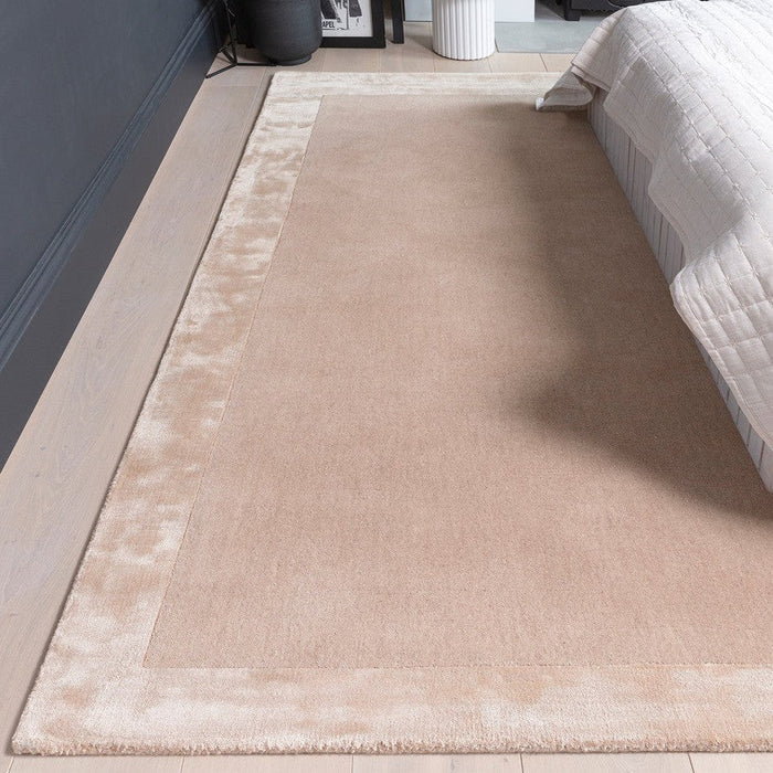 Ascot Modern Plain Hand-Woven Wool Centred Loop Pile Metallic Shimmer Wide Viscose Border Putty/Beige Rug