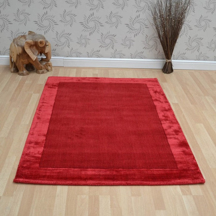 Ascot Modern Plain Hand-Woven Wool Centred Loop Pile Metallic Shimmer Wide Viscose Border Red Rug