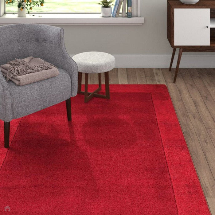 Ascot Modern Plain Hand-Woven Wool Centred Loop Pile Metallic Shimmer Wide Viscose Border Red Rug