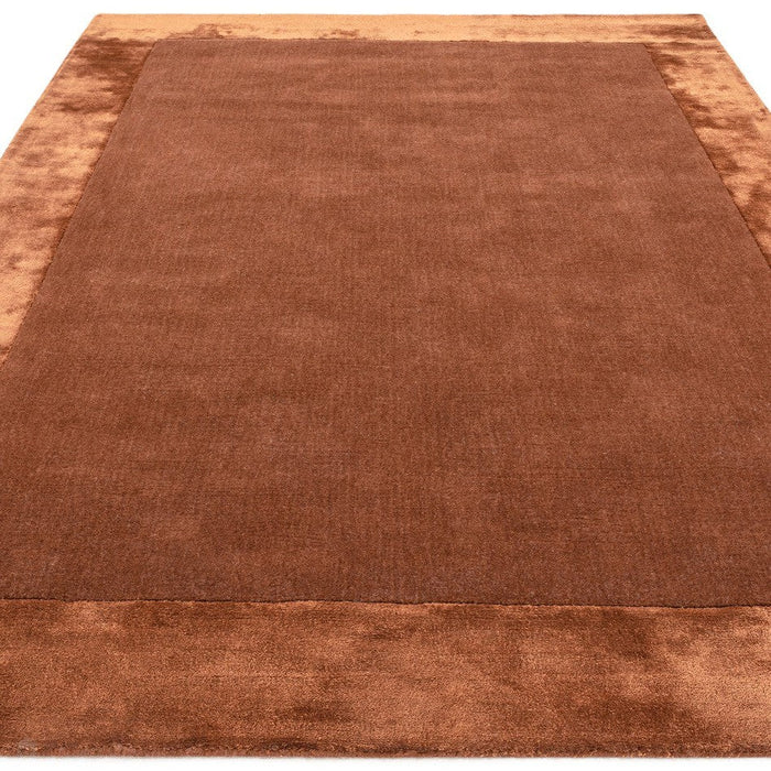 Ascot Modern Plain Hand-Woven Wool Centred Loop Pile Metallic Shimmer Wide Viscose Border Rust Rug