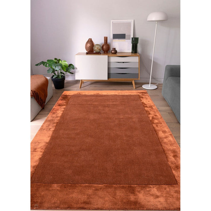 Ascot Modern Plain Hand-Woven Wool Centred Loop Pile Metallic Shimmer Wide Viscose Border Rust Rug